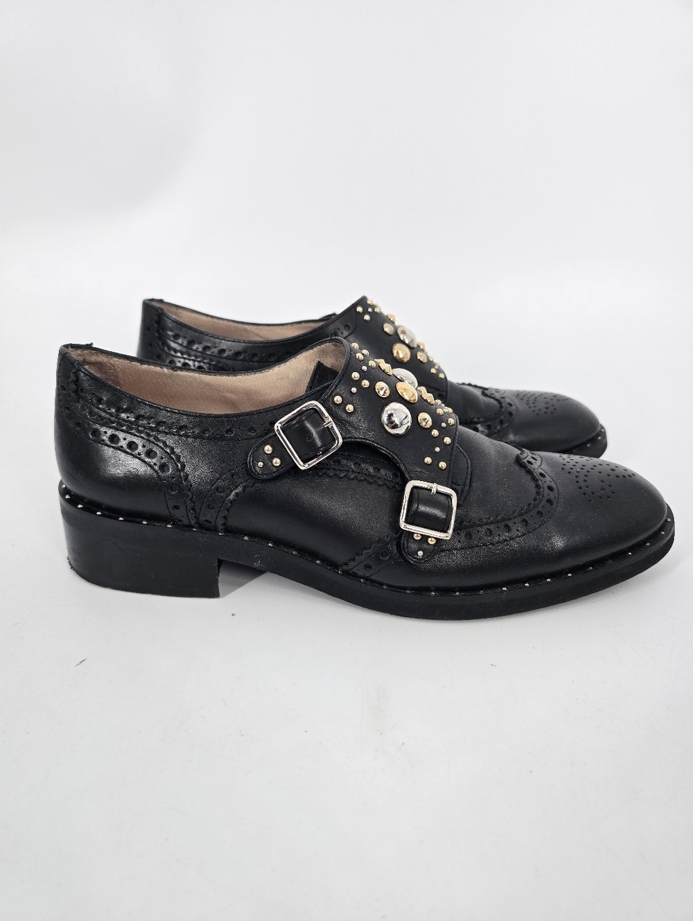 Maje Frantz Black Leather Studded Derby Shoes Buckle Size 39 US 8.5